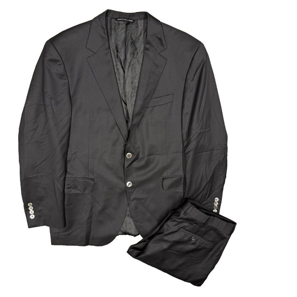 Coppley Suit "Gibson" 100s Wool Sharkskin Made in Canada Black 44R 36x30